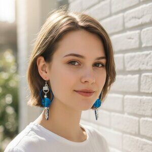 Blue Turquoise Celtic Knot Leather Earrings with Frosted Glass Bead